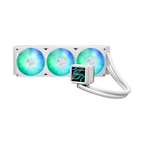 華碩Prime LC 360 ARGB白色版一體式CPU液體冷卻器,具有特殊的CPU接觸區域和翅片通道。 帶無限遠鏡透鏡選項的擋水板。 預裝ARGB風扇和Aura照明