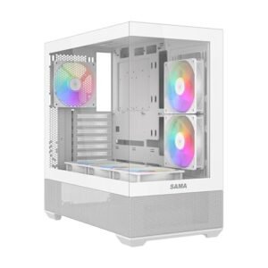 SAMA V40中塔ATX主機殼——預裝6X 120mm ARGB PWM風扇。 雙鋼化玻璃面板。 垂直氣流。 雙室設計。 USB 3.1 Type-C.7插槽。 支持ATX/MATX/ITX GPU。 白色