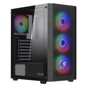 Nuwo Rodan R603黑色遊戲PC主機殼中塔ATX。 微型ATX。 迷你ITX。 4個120毫米預裝ARGB可定址LED風扇-鋼化玻璃網狀前面板和側面板