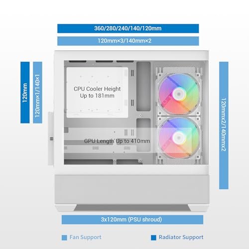 SAMA V40中塔ATX主機殼——預裝6X 120mm ARGB PWM風扇。 雙鋼化玻璃面板。 垂直氣流。 雙室設計。 USB 3.1 Type-C.7插槽。 支持ATX/MATX/ITX GPU。 白色:圖片 6
