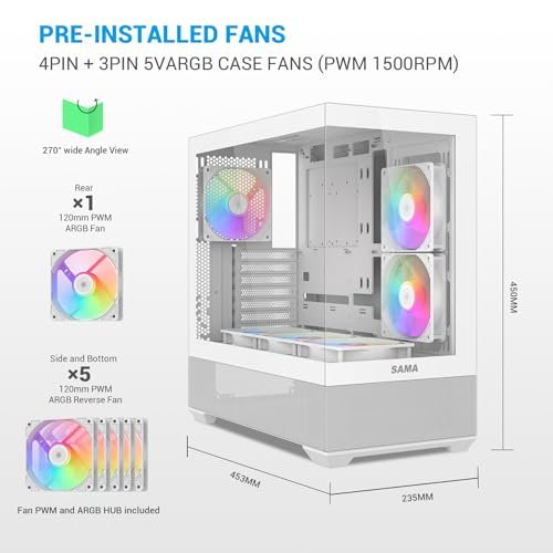 SAMA V40中塔ATX主機殼——預裝6X 120mm ARGB PWM風扇。 雙鋼化玻璃面板。 垂直氣流。 雙室設計。 USB 3.1 Type-C.7插槽。 支持ATX/MATX/ITX GPU。 白色:圖片 2