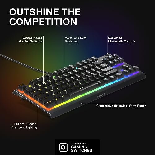 SteelSeries Apex 3 TKL RGB遊戲鍵盤無鍵緊湊型錶廠-8-Zone RGB照明IP32防水防塵靜音遊戲開關遊戲級防重影。 黑色12167:圖片 3