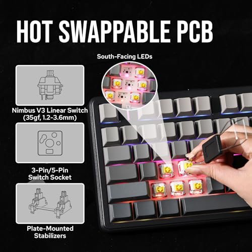 MechLands Aula F99 PRO 96%機械遊戲鍵盤。 BT5.0/USB-C/2.4GHz無線。 熱插拔墊片定制鍵盤,帶8000mAH電池。 旋轉旋鈕。 適用於Win/Mac的RGB背光(灰色):圖片 4